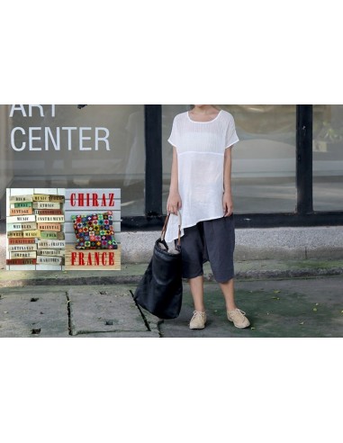 Tunique top LIN haut gaufré bas lisse BLANC ou TAUPE col V fentes manches courtes boho ethnique Tunique top LIN haut gaufré bas lisse BLANC ou TAUPE col V fentes manches courtes boho ethnique