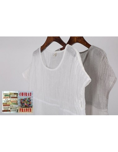 Tunique top LIN haut gaufré bas lisse BLANC ou TAUPE col V fentes manches courtes boho ethnique Tunique top LIN haut gaufré bas lisse BLANC ou TAUPE col V fentes manches courtes boho ethnique