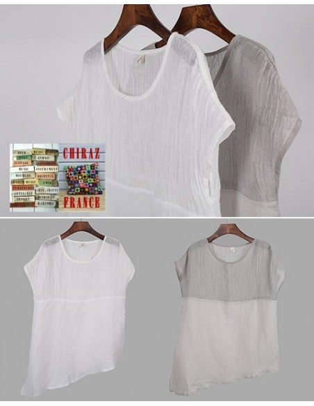 Tunique top LIN haut gaufré bas lisse BLANC ou TAUPE col V fentes manches courtes boho ethnique Tunique top LIN haut gaufré bas lisse BLANC ou TAUPE col V fentes manches courtes boho ethnique