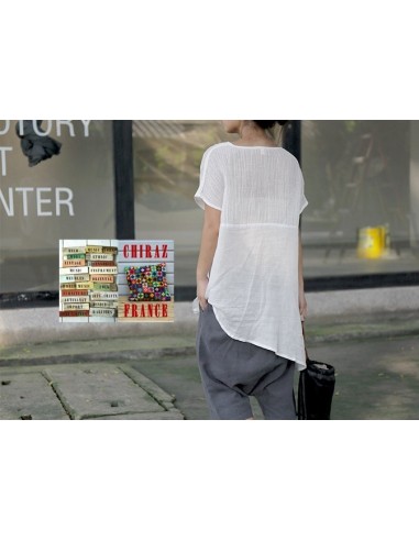 Tunique top LIN haut gaufré bas lisse BLANC ou TAUPE col V fentes manches courtes boho ethnique Tunique top LIN haut gaufré bas lisse BLANC ou TAUPE col V fentes manches courtes boho ethnique