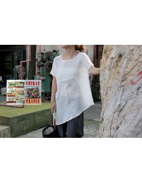 Tunique top LIN haut gaufré bas lisse BLANC ou TAUPE col V fentes manches courtes boho ethnique Tunique top LIN haut gaufré bas lisse BLANC ou TAUPE col V fentes manches courtes boho ethnique
