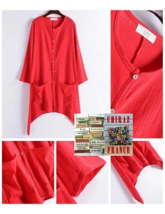 Chemisier surveste longue gaze de LIN graphique idéal superposition coupe pointes boho ethnique