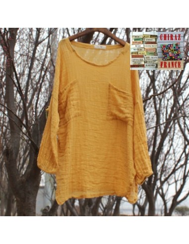 Tunique top gaze de LIN brut crêpe moutarde, blanc ou vert idéal superposition fentes boho ethnique