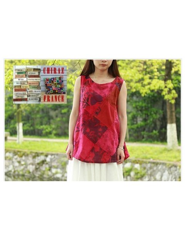 Tunique top patchwork coupe trapèze base arrondie poches débardeur boho ethnique
