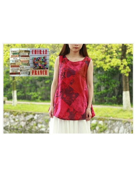 Tunique top patchwork coupe trapèze base arrondie poches débardeur boho ethnique