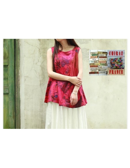 Tunique top patchwork coupe trapèze base arrondie poches débardeur boho ethnique
