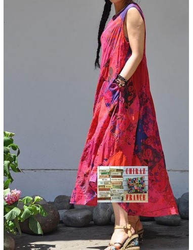 Robe trapèze longue ample coupe PATCHWORK boho ethnique folk XL ROSE