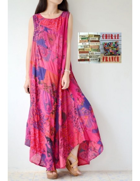 Robe trapèze longue ample coupe PATCHWORK boho ethnique folk XL ROSE