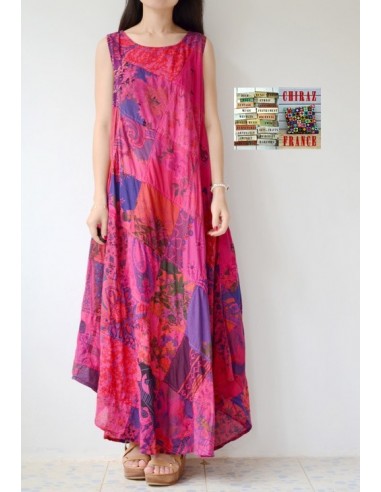 Robe trapèze longue ample coupe PATCHWORK boho ethnique folk XL ROSE