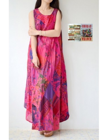 Robe trapèze longue ample coupe PATCHWORK boho ethnique folk XL ROSE