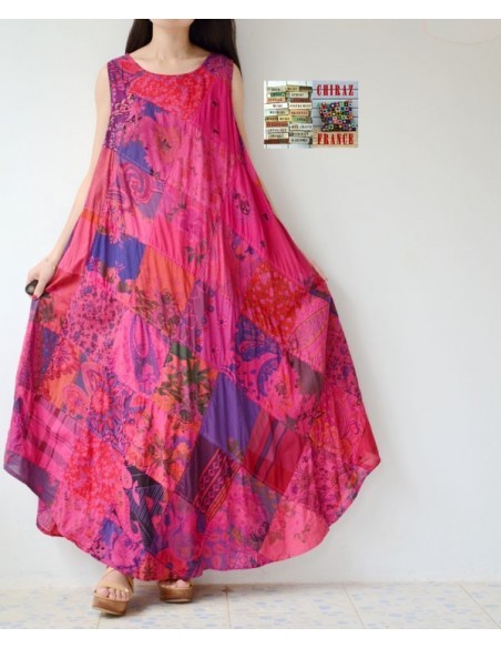 Robe trapèze longue ample coupe PATCHWORK boho ethnique folk XL ROSE