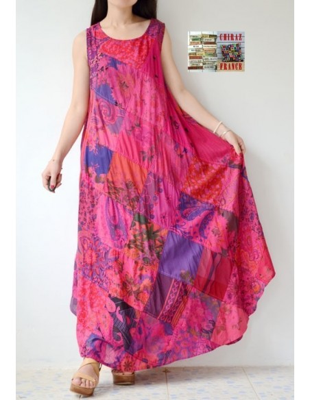 Robe trapèze longue ample coupe PATCHWORK boho ethnique folk XL ROSE
