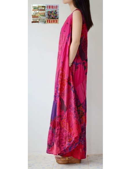 Robe trapèze longue ample coupe PATCHWORK boho ethnique folk XL ROSE